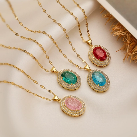 Oval Pendant Necklace Copper Gold Plated Zircon Gemstone Elegant Minimalist Luxury Jewelry Gift For Women