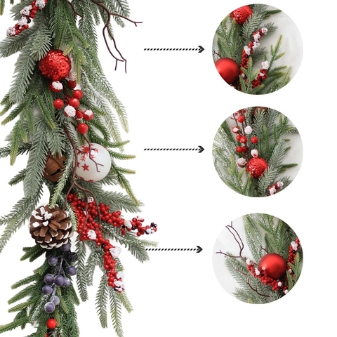 Guirnalda De Navidad Agujas De Pino Artificiales Con Bayas Rojas Piñas Naturales Luces LED Decoración Navideña Para Puerta