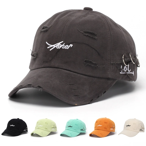 Casquette De Baseball En Coton Distressed Broderie Lettres Streetwear Rétro Chapeau De Soleil Avec Anneaux Métalliques Unisexe