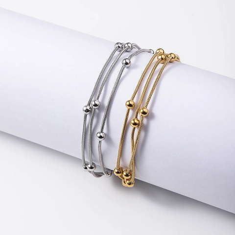 Pulsera De Cadena De Serpiente De Triple Capa En Acero Inoxidable Chapado En Oro Joyería Ajustable Con Cuentas Redondas