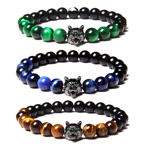 Natural Stone Bead Bracelet With Metal Wolf Head Zircon Tiger Eye Obsidian Lava Stone Fashion Jewelry For Men Women