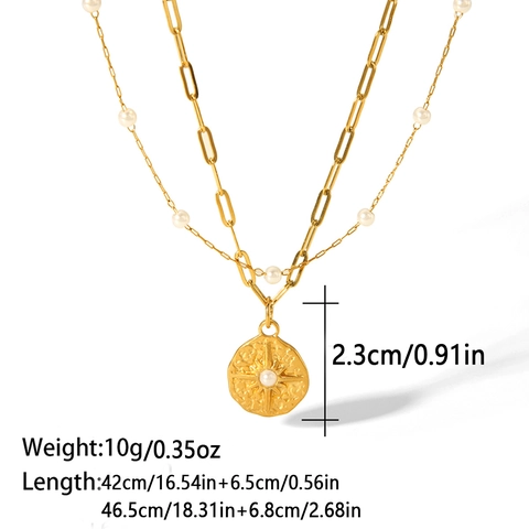 Double Layer Necklace Stainless Steel 18K Gold Plated Paperclip Chain Sunburst Compass Pendant Artificial Pearl Vintage For Women