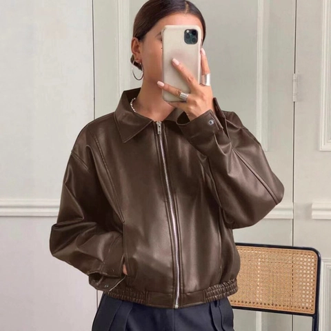 Women Vintage Faux Leather Jacket Oversized PU Biker Coat Zipper Lapel Retro Streetwear Short Outwear