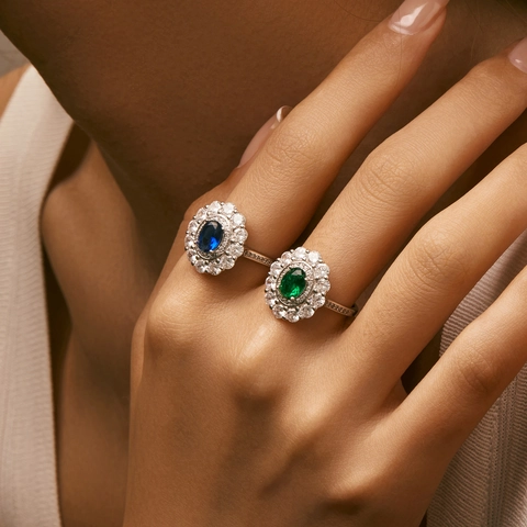 Anello Halo in Argento Sterling 925 Vintage Francese Lussuoso Con Zaffiro Smeraldo Ovale Zirconia per Donna Gioielli di Moda