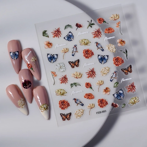 5D Relief Nagelaufkleber Vintage Emaille Blume Schmetterling Abziehbilder Wasserdicht Selbstklebend Maniküre Nagelkunst Dekoration Für Damen