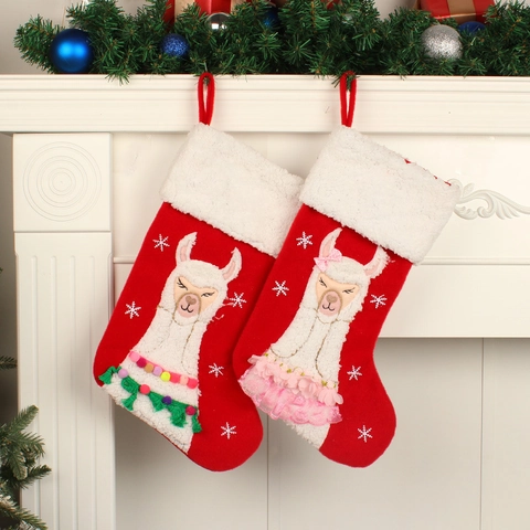 Chaussettes De Noël Alpaga Tissu Velours Broderie Lama Flocons De Neige Pompons Jupe Dentelle Décor Suspendu Cheminée