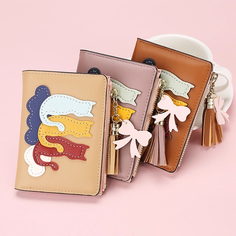 Women Short Wallet PU Leather Cute Cat Patch Tassel Bow Multi Card Slots Zipper Coin Purse Bifold Small Money Clip