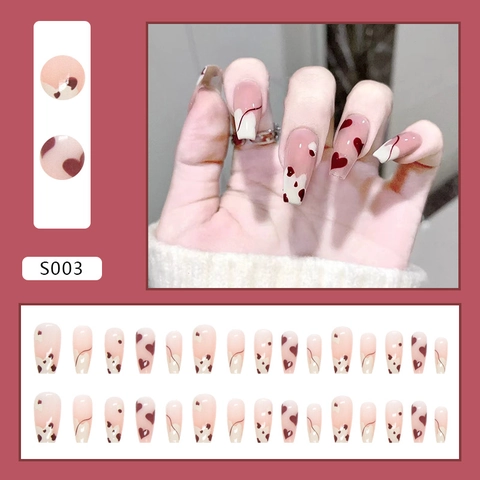 French Ballerina Press On Nails Heart And Cow Pattern Nude Pink Medium Long Artificial Fake Nails For Women