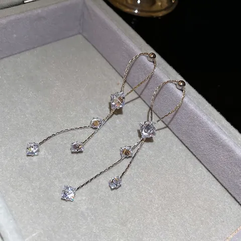 Lange Quaste Baumeln Ohrringe Mit Quadratischem Zirkonia Und Silbernem Ohrstecker Elegante Chic Schmuck Für Frauen