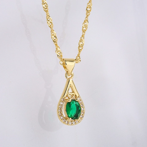 18K Gold Plated Copper Pendant Necklace With Green Zircon Teardrop Geometric Waterdrop Shape Jewelry For Women