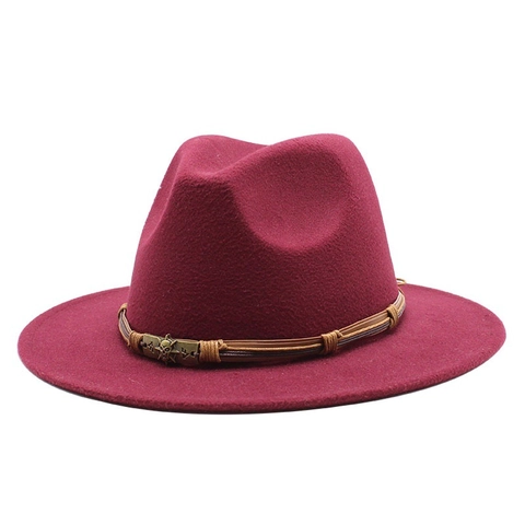 Vintage Wide Brim Fedora Hat Polyester Felt With Braided Strap And Metal Skull Buckle British Jazz Style Unisex