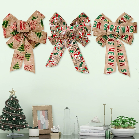 Large Christmas Bows Burlap Linen Fabric Tree Toppers Holiday Ornaments For Wreath Xmas Decor Reindeer Plaid