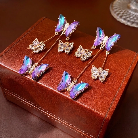 Vlinder Kwastje Oorbellen Met Zirkoon En 925 Sterling Zilveren Oorsteker Lange Gradiënt Paars Blauw Elegant Dames