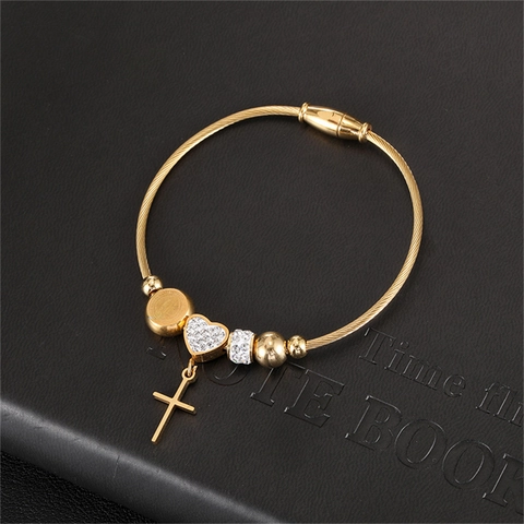 Stainless Steel Cable Bangle Bracelet With Heart Cross Charms And Rhinestones For Women Fashion Religious Style