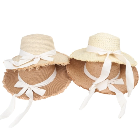 Cappello Paglia Donna Sole Tesa Larga Fiocco Bordo Sfilacciato Cupola Piatta Spiaggia Vacanza Estate Elegante Stile Boho