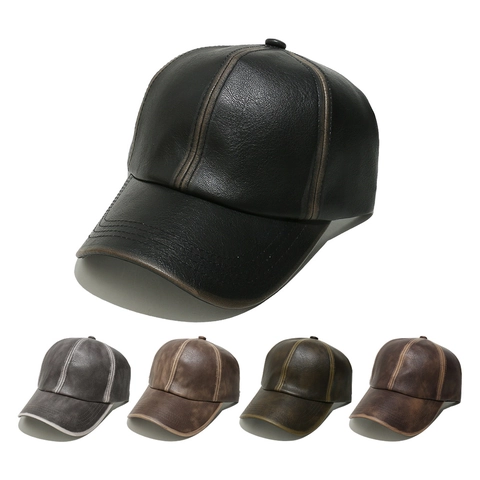 Vintage Distressed PU Leather Baseball Cap Solid Color Outdoor Casual Sports Sun Hat For Men Women Adjustable