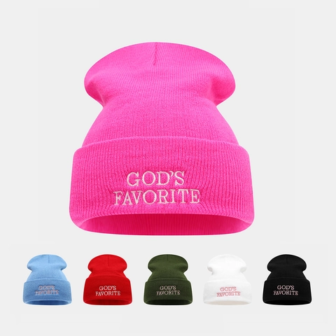 Knit Beanie Hat Gods Favorite Letter Embroidery Acrylic Ribbed Cuffed Warm Winter Outdoor Streetwear For Men Women