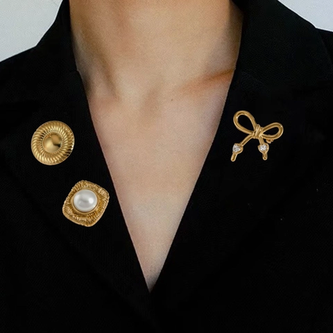 Broche Alfiler Pendientes Acero Inoxidable Lazo Redondo Cuadrado Vintage Dorado PVD Perla Artificial Circón Joyería Para Mujer