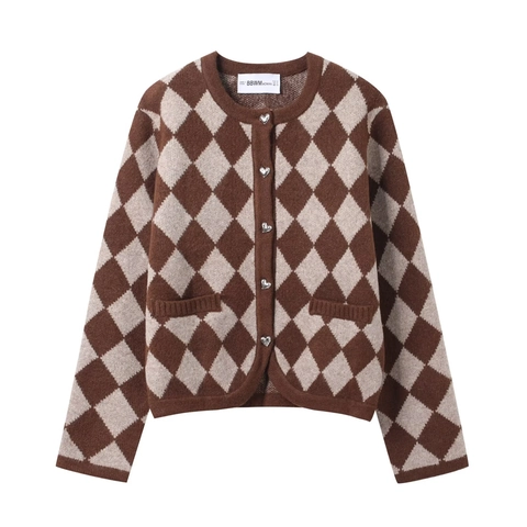 Cardigan In Maglia Argyle Vintage Da Donna Manica Lunga Girocollo Bottoni A Cuore Stile Preppy