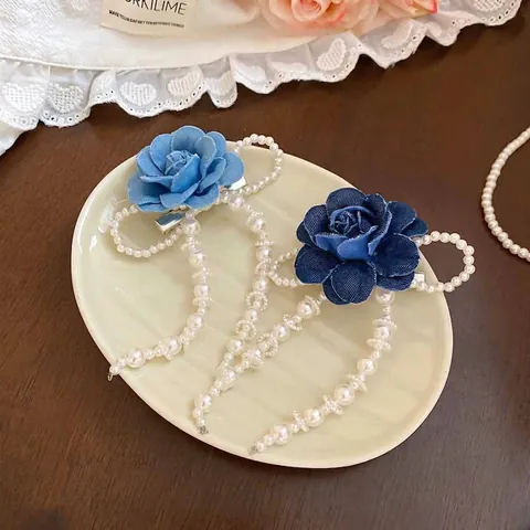 Pasador De Pelo Con Rosa De Tela Vaquera Y Borlas De Perlas Artificiales De Imitación Estilo Vintage Elegante Para Mujeres Y Niñas