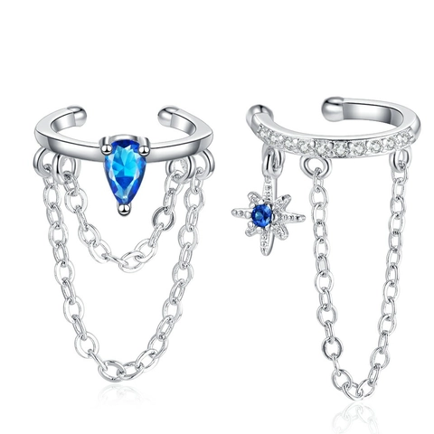Pendientes Ear Cuff Azul Klein Circonia Gota de Agua Estrella Doble Cadena Borla Clip de Oreja Sin Agujero Joyería Chapada en Plata