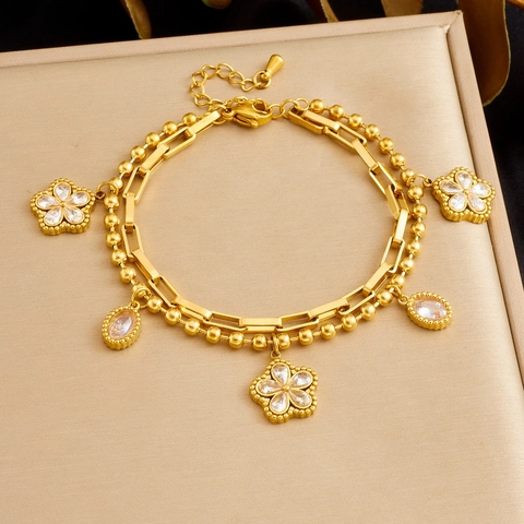 Layered Bracelet Stainless Steel Gold Plated Flower Oval Zircon Pendants Elegant Jewelry For Women