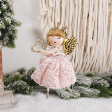 Ornement Suspendu Poupée Ange de Noël en Dentelle Fait Main Avec Ailes Dorées Pailletées Coeur Étoile Flocon de Neige Pour Décoration de Sapin Maison