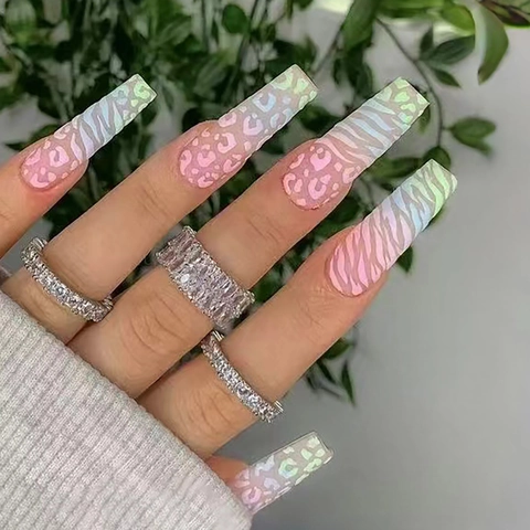 Lange Sargform Press On Nägel Macaron Verlauf Rosa Grün Tiermuster Zebra Leopard Mode Künstliche Nägel Für Frauen