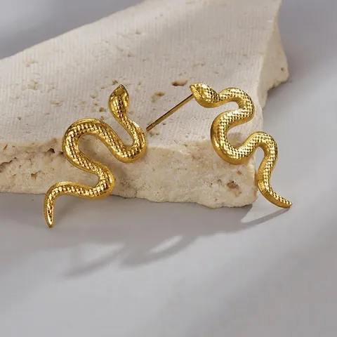 Vintage Stainless Steel Snake Earrings Gold Plated Animal Shape Textured Serpent Drop Earrings For Women Fashion Jewelry