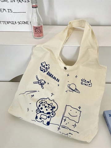 Borsa A Tracolla In Tela Grande Capacità Simpatica Stampa Mucca Astronauta Borsa Tote Con Bottone A Pressione Per Studenti Scuola