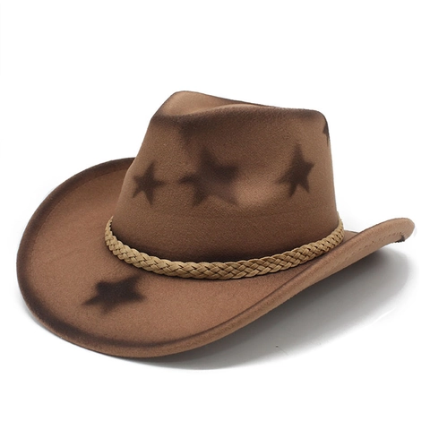 Western Cowboy Hat Felt Star Pattern Gradient Jazz Fedora Wide Brim Retro Sun Hat With Braided Band Outdoor Style