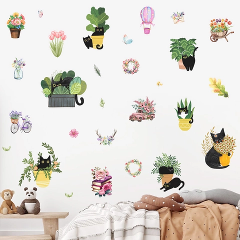 Stickers Muraux Chat Noir Fleur PVC Auto Adhésif Amovible Imperméable Décoration Chambre Enfant Style Aquarelle Dessiné Main