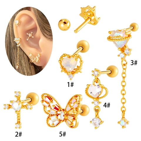 Orecchini Cartilagine Acciaio Titanio Rame Farfalla Cuore Croce Zirconia Opale Gioielli Piercing Chiusura A Vite Alla Moda