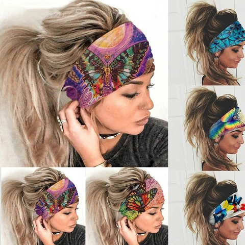 Wide Elastic Headband Women Butterfly Floral Print Yoga Sports Hair Band Sweat Wicking Boho Non-Slip Accessory