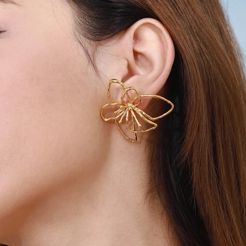 Sieraden Met Holle Bloemen En Bladeren Roestvrij Staal Verguld Verstelbare Ringen Oorbellen Voor Dames