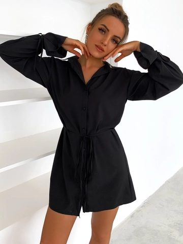 Vestido Camisero De Mujer Manga Larga Poliéster Color Sólido Cuello De Solapa Cintura Anudada Con Botones