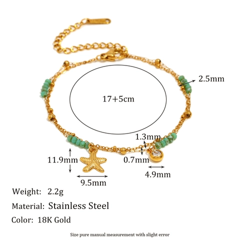 Bracciale A Doppio Strato In Acciaio Inossidabile Stella Marina Placcato Oro 18K Zircone Perle Verdi Gioielli Da Spiaggia Donna