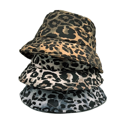 Cappello Alla Pescatora Trapuntato Leopardato Donna Inverno Caldo Imbottito Poliestere Vintage Moda Tesa Larga