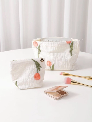 Tulip Embroidery Cosmetic Bag Textured Jacquard Fabric Portable Travel Makeup Storage Pouch For Women Elegant White