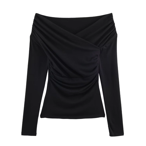 T-shirt Da Donna Con Arricciatura Incrociata Sul Davanti Maniche Lunghe Spalle Scoperte Vestibilità Slim Top In Maglia