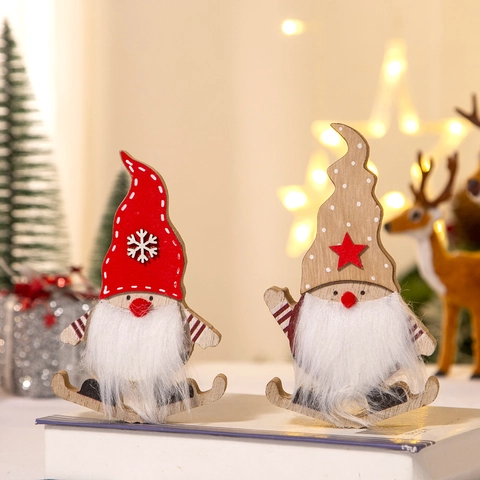 Adorno De Gnomo De Madera De Navidad Decoración De Escritorio Trineo Rocker Con Barba De Piel Sintética