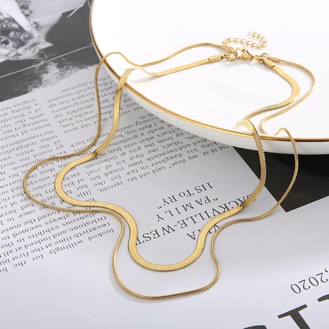 Double Layer Herringbone Chain Necklace Stainless Steel Minimalist French Retro Snake Bone Clavicle Chain For Women