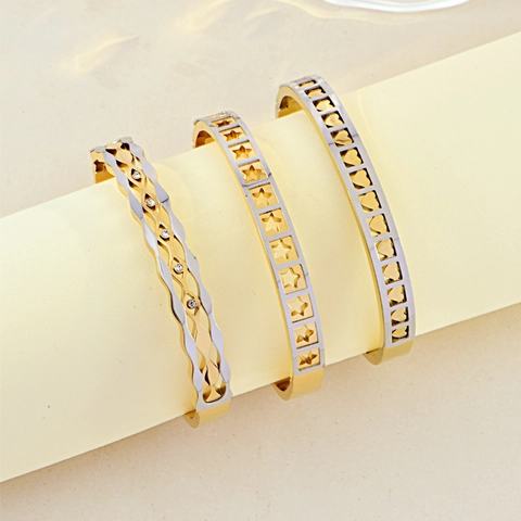 Brazalete De Acero Inoxidable Bicolor Oro Plata Calado Corazón Estrella Hoja Onda Diamante De Imitación Joyería De Moda