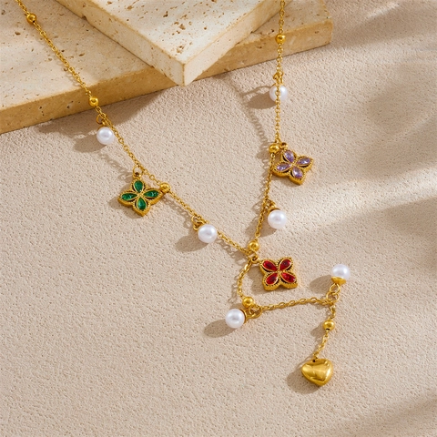 Stainless Steel Y-Shaped Necklace With Colorful Clover Pendants And Imitation Artificial Pearls Chic Fashion Jewelry For Women