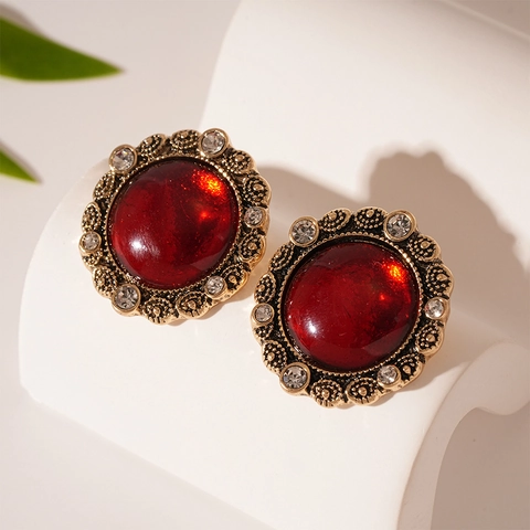 Vintage Runde Rote Harz Ohrstecker Mit Legierung Strass Und Silver Earring Post Französischer Retro Stil Für Damen