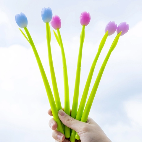 Tulip Gel Pen Creative Light Sensitive Color Changing Soft Silicone Flower Shaped Black Ink Writing Stationery Novelty