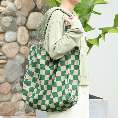Checkerboard Canvas Tote Bag Large Capacity Casual Shoulder Handbag For Women Stylish Contrast Color Shopper Bag