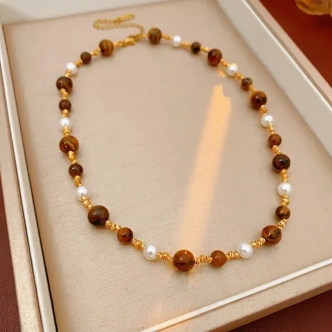 Vintage Tiger Eye Stone And Faux Artificial Pearl Beaded Necklace Retro Elegant Choker For Women Titanium Steel Gold Tone Spacers