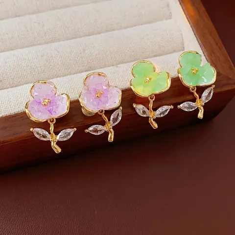 Orecchini A Lobo Fiore In Cristallo Zircone Foglia Gioielli Eleganti Donna Placcati Oro Con Perno In Argento