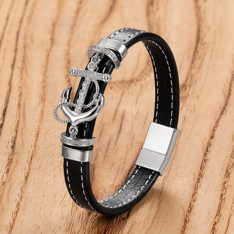 Pulsera De Cuero Con Ancla Para Hombre Acero Inoxidable Diamantes De Imitación Náutica Trenzada Joyería